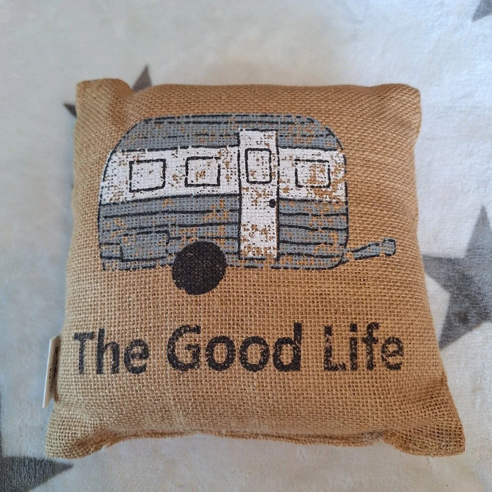 The Good Life Camper Jute Burlap Throw Pillow Travel Cabin RV Made In India